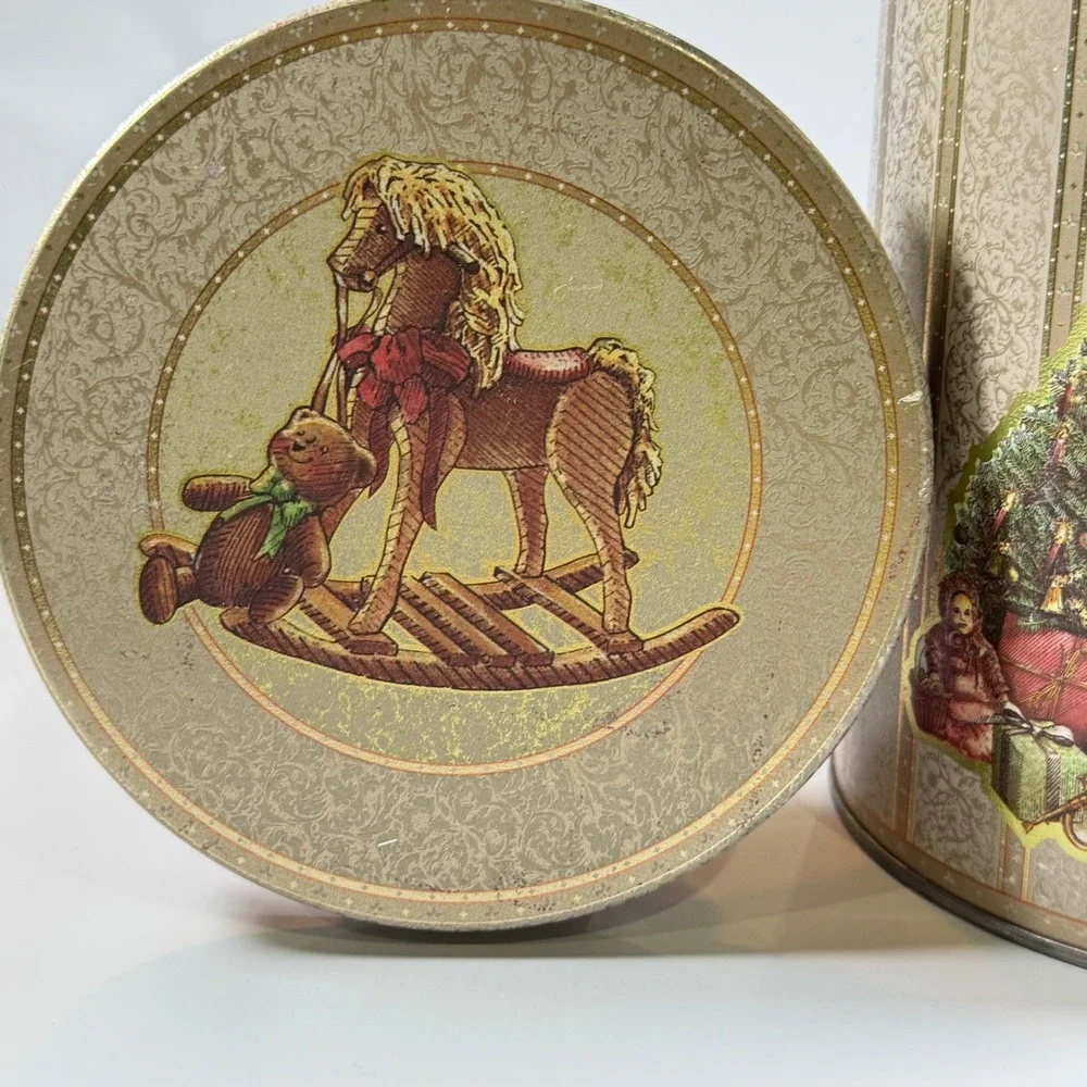 VTG Christmas Tin‎ Holiday Cookie Canister Gold Victorian Tree Rocking Horse 8